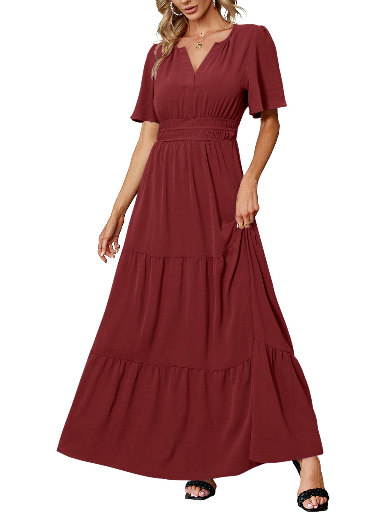 Amegoya Women's Long Flowy Boho Maxi Dresses Empire Waist V Neck Semi Formal Winter Wedding Guest Dress (Burgundy L) Image