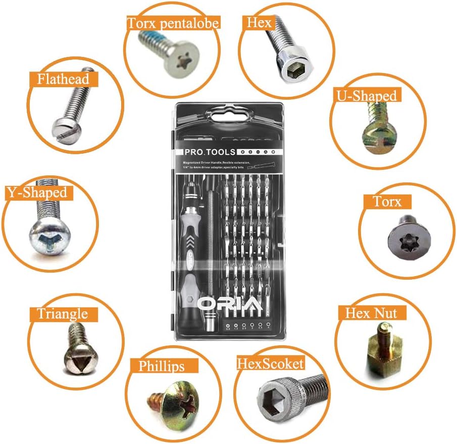 ORIA 60 PCS Screwdriver Set, Magnetic Repair Tool Kit with 56 Precision Bits, Black - - 