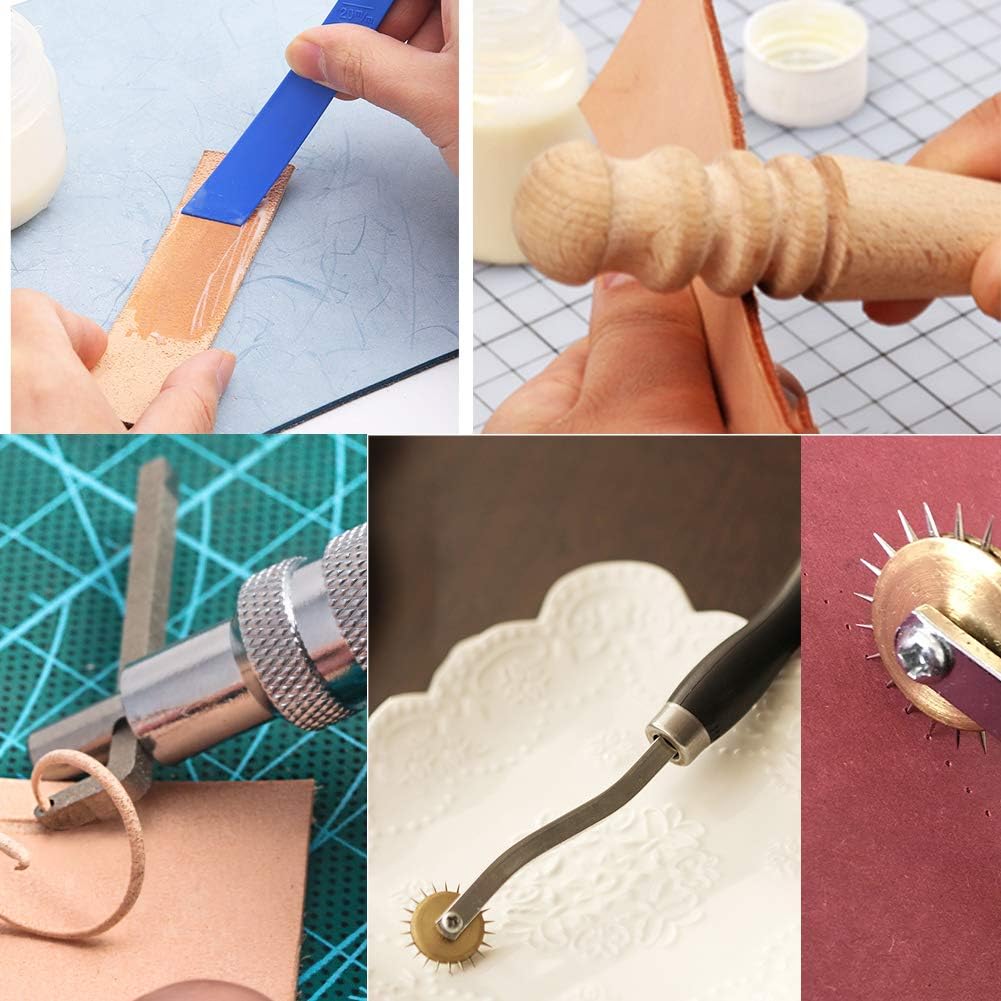 34 Pcs Leather Tool Kit, Leather Working Tools, and Supplies, Leather Sewing Kit with Leather Thread, Leather Sewing Needles, Groover, Thimble, Awl, Instructions and Leather Accessories