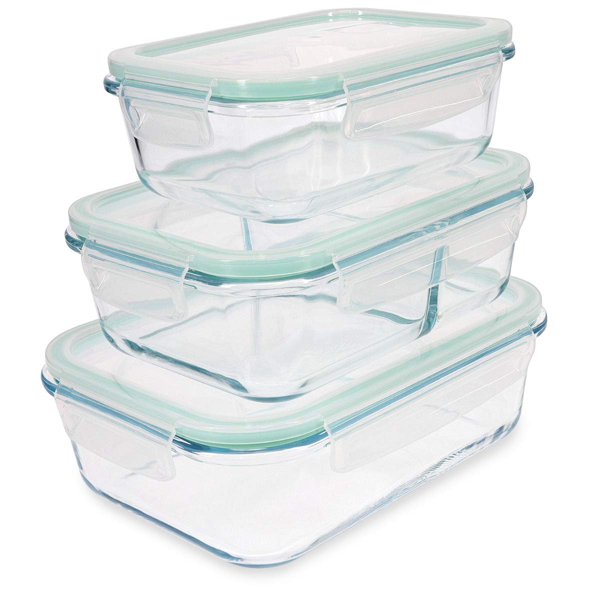 Navaris Glass Food Container Set - Mixed Set of 3 Storage Containers with Lids - Airtight, Leakproof, Oven, Microwave, Freezer and Dishwasher Safe