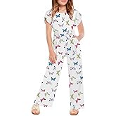 Haloumoning Girls Floral Jumpsuit Kids Fashion Short Sleeve Belted Wide Leg Romper One Piece Outfits with Pockets