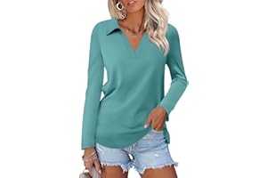 ORANDESIGNE Women's Long Sleeve Polo Shirts Casual Color Block V Neck Tops Fall Collar Ladies Tunics Tees