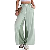 TARSE Women’s Linen Wide Leg Pants Striped Drawstring Elastic Waist Loose Fit Summer Boho Casual Trendy Pants with Pockets