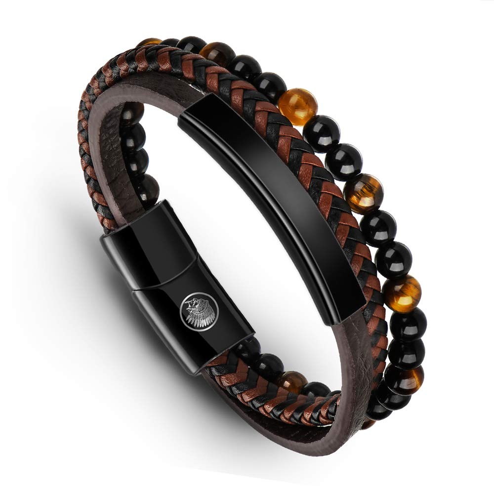 Casisto.J Mens Leather Bracelet – Classic Handmade Braided Black & Brown Cuff Bracelet with Engraved Magnetic Clasp Free Jewelry Gift Boxed