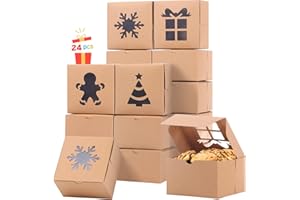 NEWBEA 24Pcs Cookie Boxes with Window 4 x 4 x 2.5 Inches Bakery Boxes Set Christmas Holiday Treat Boxes for Cakes,Cupcakes,Donuts,Pies,Cookies(Kraft)