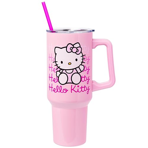 Silver Buffalo Sanrio Hello Kitty Waving Stainless Steel Tumbler with Handle and Straw, Fits in Standard Cup Holder, 40 Ounces