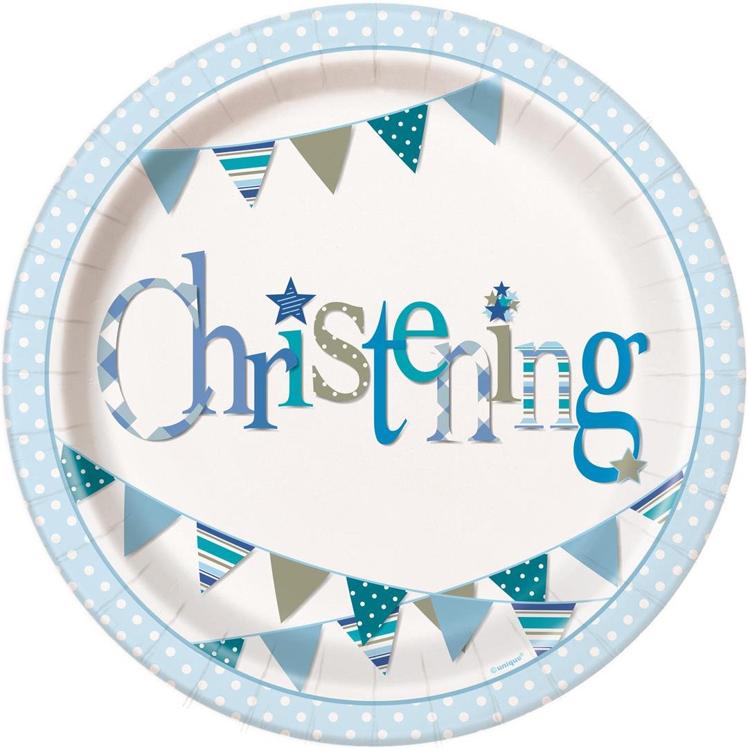 Unique Party 52055 - Blue Bunting Paper Christening Plates, Pack of 8
