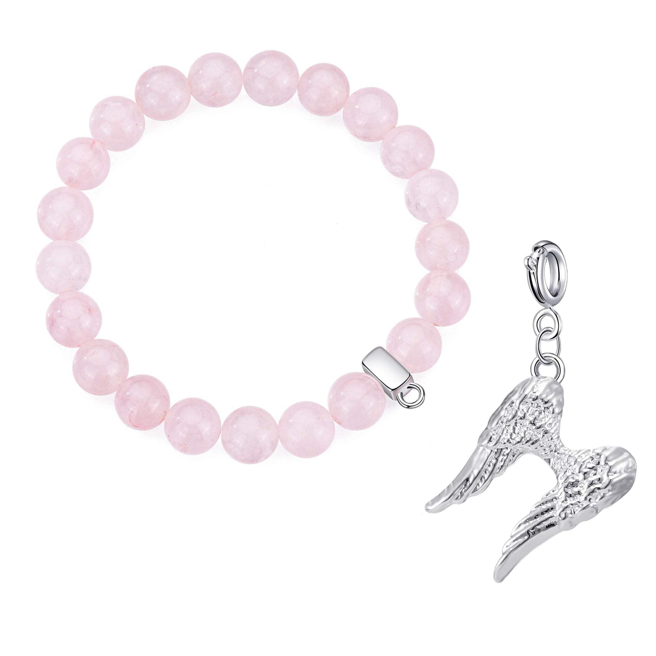 Philip Jones Rose Quartz Gemstone Bracelet with Angel Wings Charm