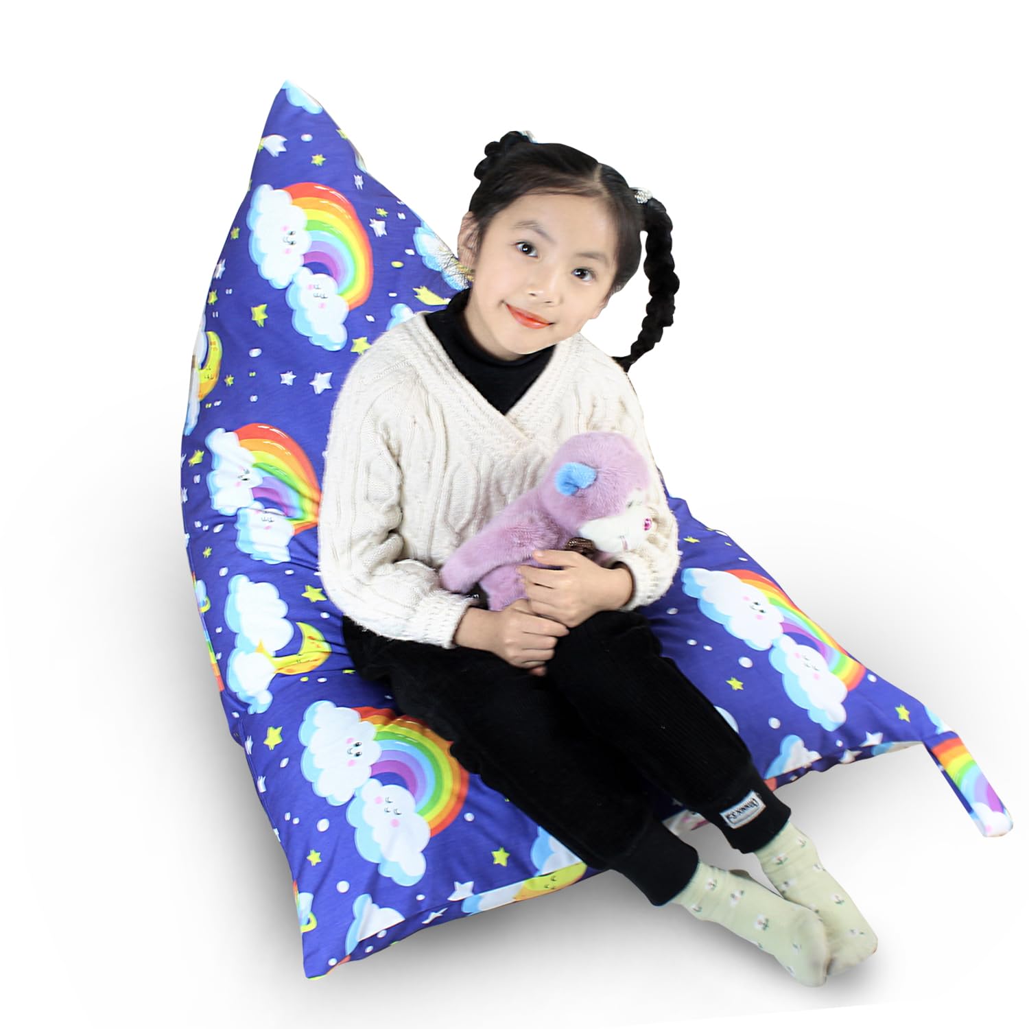 Kids Bean Bag Cover Only, Stuffed Animal Bean Bag Storage, Large Bean Bag Chair for Teens, 132cm * 79cm Beanbag Chair Cover Without Filling, Inflatable Soft Toy Storage, Rainbow Clouds