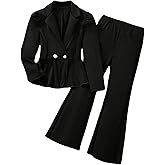 OYOANGLE Girl's Formal Wear 2 Piece Outfits Button Ruffle Hem Puff Sleeve Blazer and Flare Pants Suit Set