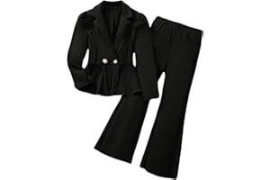 OYOANGLE Girl's 2 Piece Outfits Button Ruffle Hem Puff Long Sleeve Blazer and Flare Long Pants Set