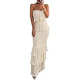 Sexyshine Women's Tube Top Ruffled Tiered Maxi Dress Sleeveless Backless Bodycon Smocked Shirred Party Holiday Long Dress