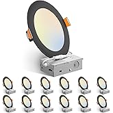 Amico 12 Pack 6 Inch 5CCT Ultra-Thin LED Recessed Ceiling Light with J-Box, 2700K/3000K/3500K/4000K/5000K Selectable, 12W Eqv 110W, Dimmable Canless Downlight, 1050LM High Brightness, Black - ETL
