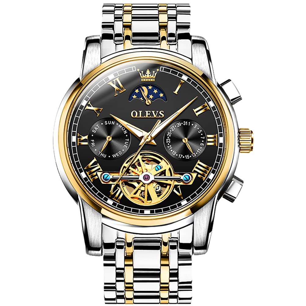 OLEVS Men's Watch Automatic Mechanical Luxury Watches Waterproof Self Winding Moon Phase Day Date Chronograph Stainless Steel Luminous Tourbillon Wristwatch for Men Gifts, black dial