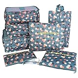 7 Set Travel Packing Organizer,Waterproof Mesh Durable Luggage Travel Cubes with 1 Shoe Bag - Travel Luggage Compression Organizers (Blue Flower)