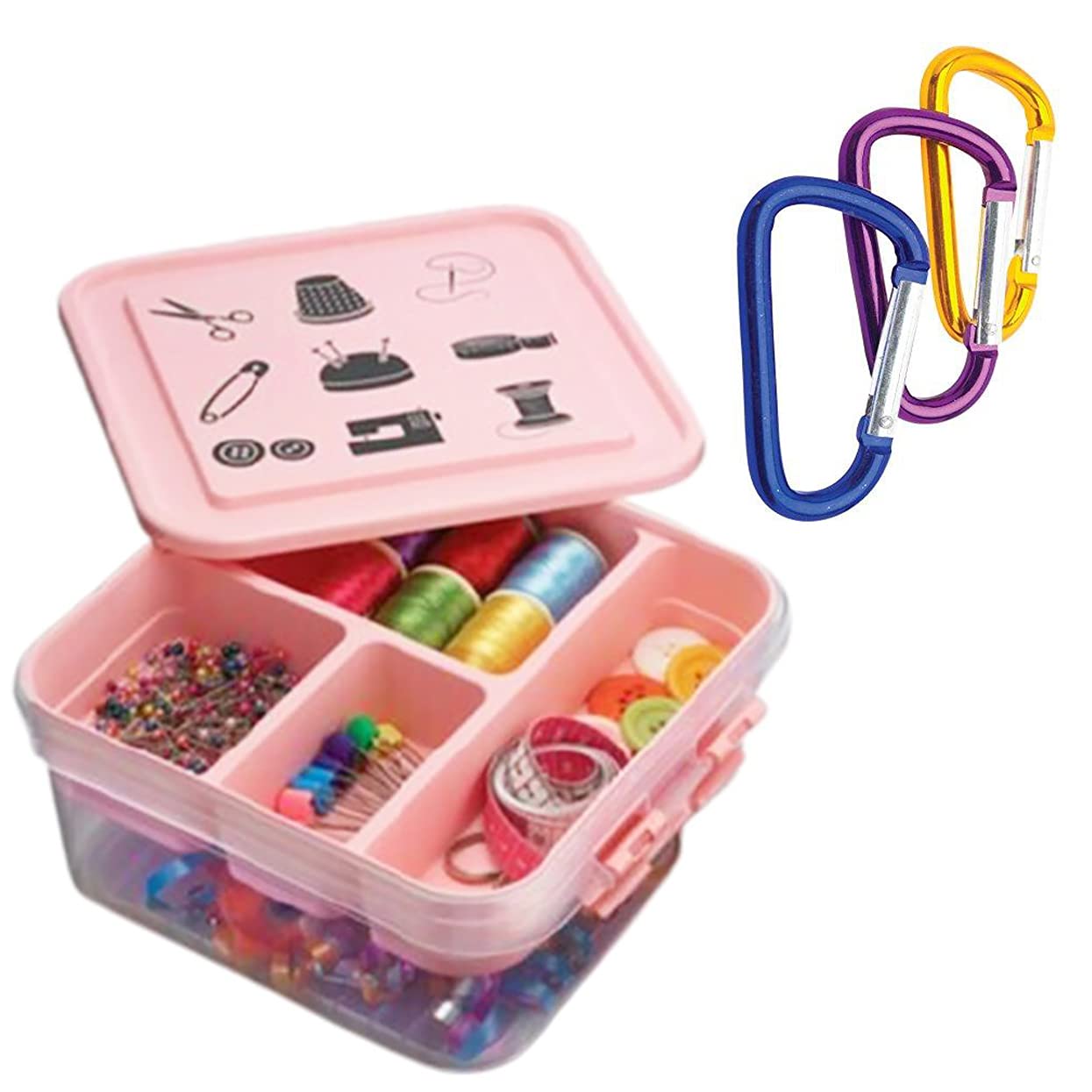 HK Online Multi Compartment HOBBY BOX & PK3 CARABINER CLIPS -Sewing Box, Screw Box, Jewellery Box, Storage Box, Craft Box, Bits & Bobs (4 SECTION Tray & Storage Box)
