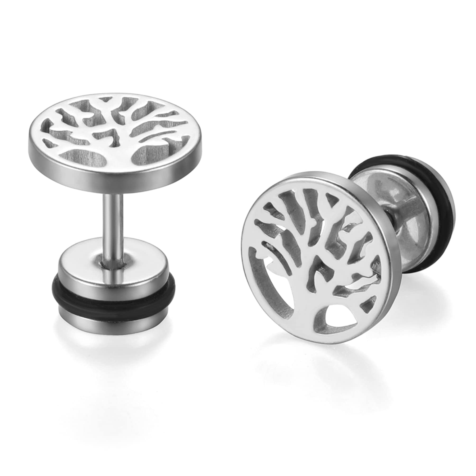 JewelryWe Pair of Men's 9mm Stainless Steel Tree of Life Stud Earrings Black Tapers Cheater Faux Fake Ear Plugs Gauges Illusion Tunnel Non Pierce Body Jewellery