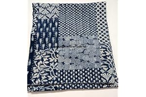 Sambhav Quilt Hub Blue Indigo Print Cotton Handmade Handblock Quilted Blanket Indian Cotton Indigo Print Bedspread Kantha Work Bohemian Bed Decor Block Throw Blanket Twin/King/Queen (108X108 inches)