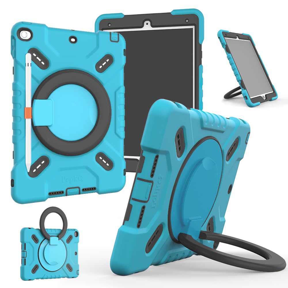 NLR FUN 4-Layer Shockproof Case for iPad 9th/8th/7th (10.2” iPad 2021/2020/2019) & iPad Air 3rd (10.5” iPad Air), Protective Cover with Kickstand/Handle, Pencil Holder, Shoulder Strap (Blue)
