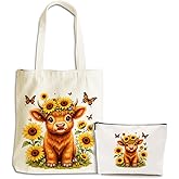XLRSDF Sunflower Butterfly Cow Print Stuff Cow Gifts for Women Canvas Tote Bag Makeup Bag Grocery Bags Birthday