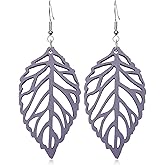 Handmade Bohemian Natural Wooden Leaf Dangle Drop Earrings Lightweight Vintage Hollow Feather Hook Earrings for Women Statement Boho Jewelry Gifts