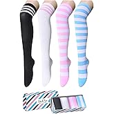 Christmas Thigh High Socks - Halloween Striped Knee High Socks for Women & Teen Girls 4 Pack