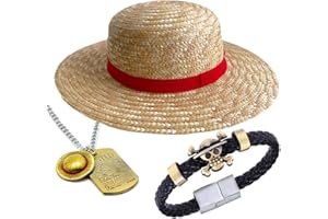 HJYZY Rufffy Straw OP Hat Summer Beach Sun Hat Pirate Necklace PU Leather Bangle Skeleton Bracelet Wristband 3 pcs