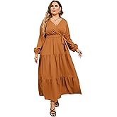 KOJOOIN Women Plus Size V Neck Wrap Maxi Dress High Waist Ruffle Summer Casual Dress with Belt Long Sleeve Mud Yellow 3XL
