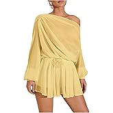 MakeMeChic Women's 2 Piece Party Outfit Asymmetrical Neck Lantern Sleeve Blouse and Floral Shorts Set