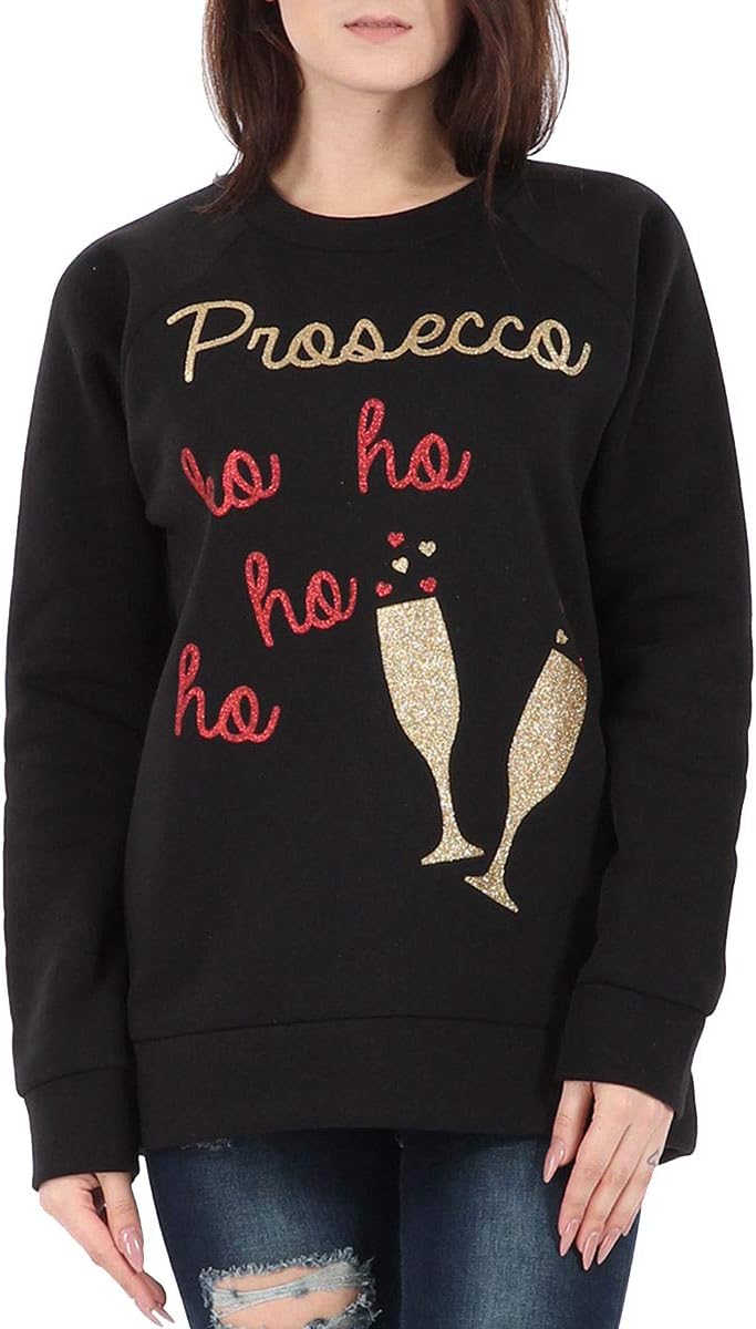 METLUQ M0D4 Christmas Xmas Ladies Long Sleeve Christmas Jumper Prosecco Ho Ho Glass Novelty 8-22
