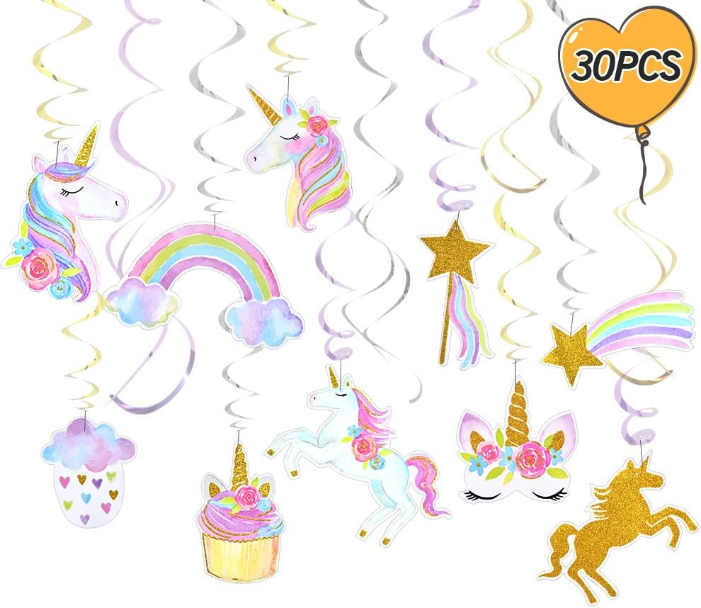 FLY2SKY 30PCS Unicorn Party Decorations Hanging Swirls Unicorn Party Supplies Favors Unicorn Decorations 16PCS Bonus Thank You Stickers