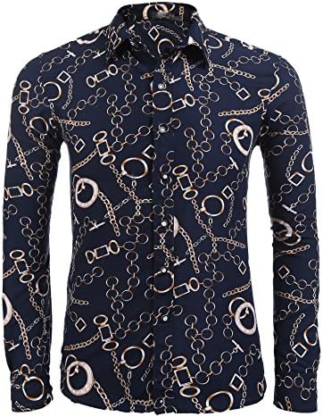 Modfine Men's Retro Printed Casual Slim Fit Long Sleeve Button Down Dress Shirt