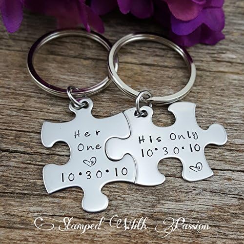 His and Hers Puzzle Piece Keychain Set - Valentines Gift - Couples - Gift for him - Gift for Her - Anniversary key chains - Hand stamped - Personalized - Gift for couples - Boyfriend gift