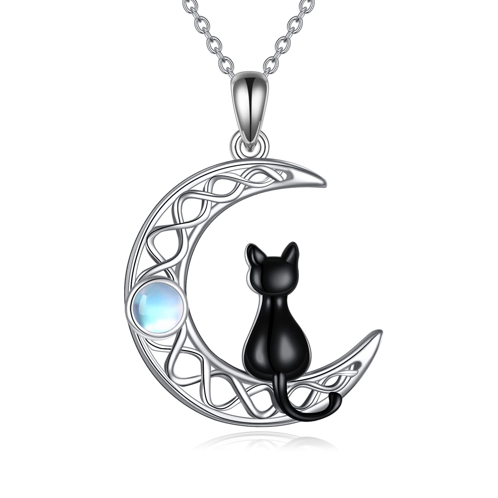 POPLYKE Black Cat Necklace Sterling Silver Moonstone Moon Irish Jewelry Gifts for Women (moonstone)