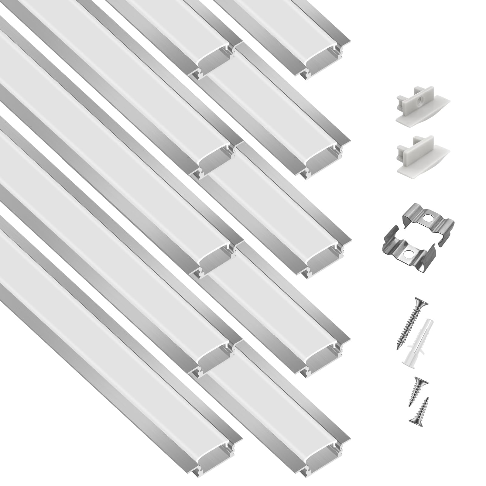 Photo 1 of 10-Pack 6.6ft/2Meter Silver Recessed LED Aluminum Channel for LED Strip Lights Diffuser Channel with Milky Cover End Caps and Mounting Clips, Flush Mounted LED Track for Ceiling Under Cabinet Closet.