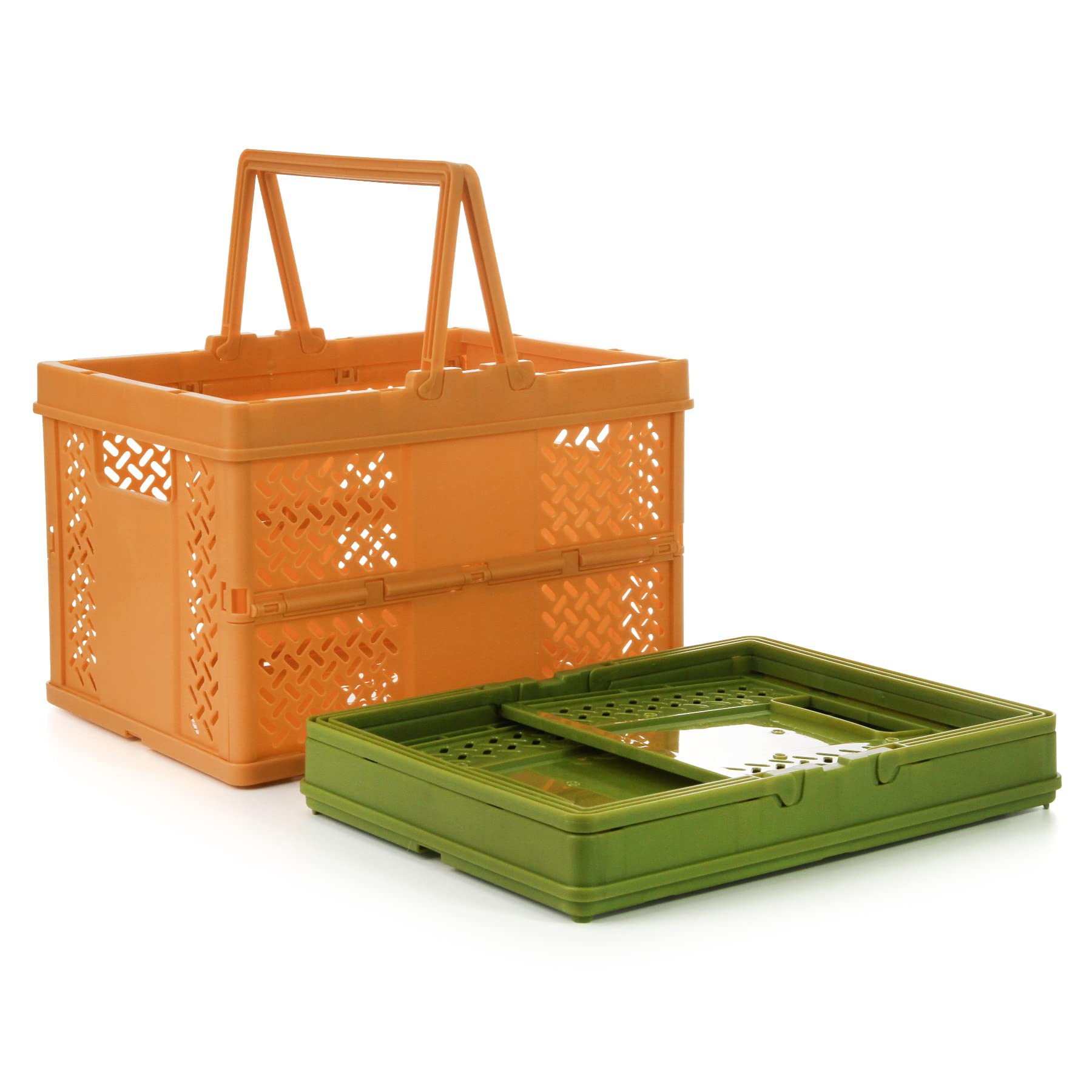 Spesh 2 Pcs Collapsible Storage Crates 24cm*18cm Mini Kid Shopping Baskets with Handles Small Plastic Crates for Picnic,Shopping,Camping(Orange+Green)
