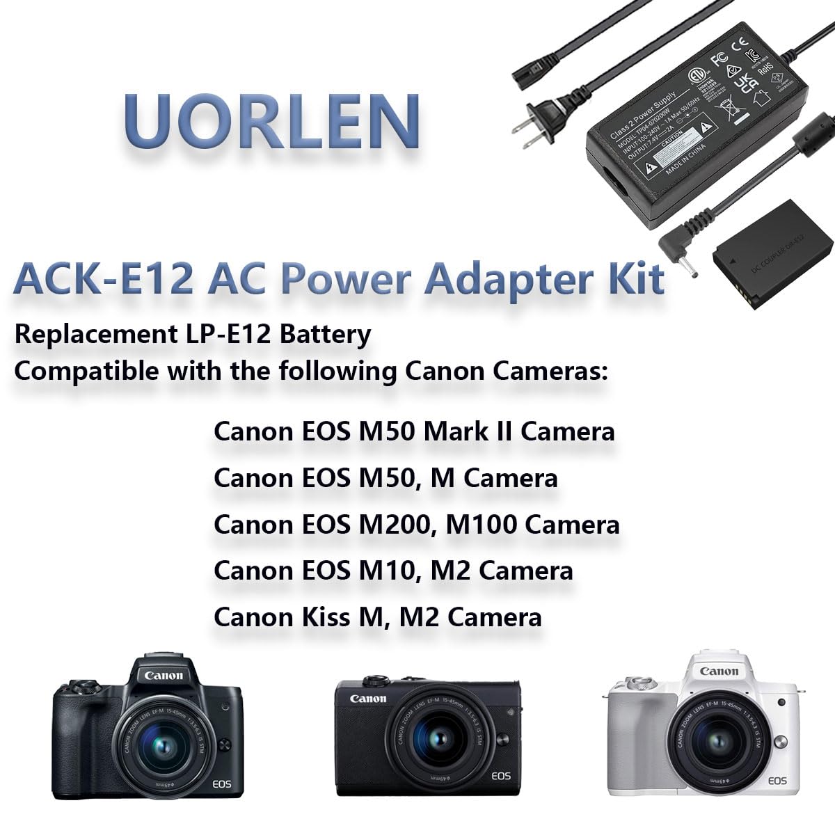 ACK-E12 AC Power Adapter LP-E12 M50 Dummy Battery Kit for Canon EOS M50 Mark II M200 M100 M10 M2 M, Kiss M M2 Cameras.