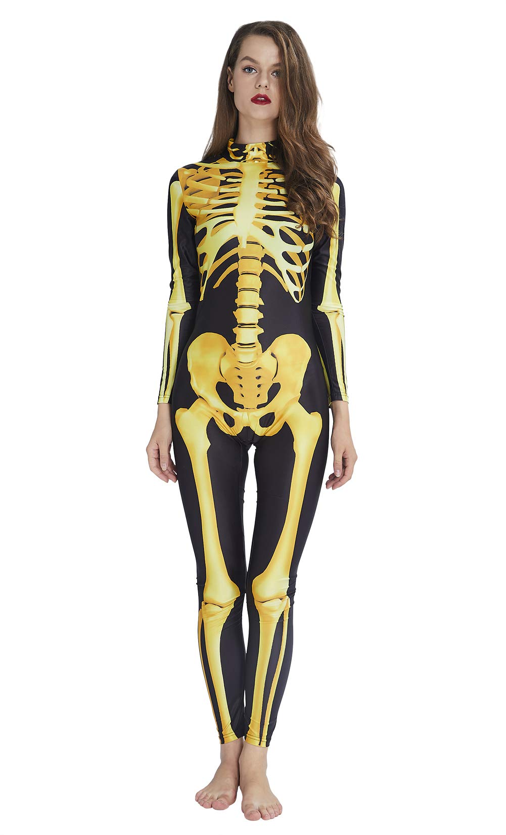 RAISEVERN Women\'s Halloween Jumpsuit Print 3D Digital Zombie Print Skeleton Bodysuit Slim Fit Gold Yellow Skull Costume Unique Tights Skin Suit Catsuit Jumpsuit for Holiday Night Party