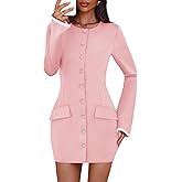 Lazysmile Women's Casual Dresses Long Sleeve Boat Neck Button Down Bodycon Mini Fall Party Club Cocktail Dresses for Women