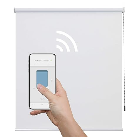 Smart Home Akku Rollo von sonevo, Weiß, lichtdurchlässig, steuerbar via App, Alexa, Fernbedienung, Funk-Wandschalter, Fenster