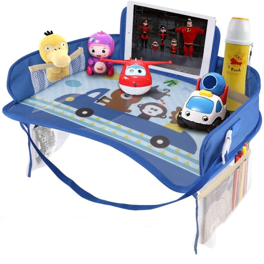 Erlsig Kids Travel Tray Car Seat Activity and Play Tray Organizer for Children and Toddlers Lap Desk with Tablet Phone Holder Waterproof and Foldable - Blue
