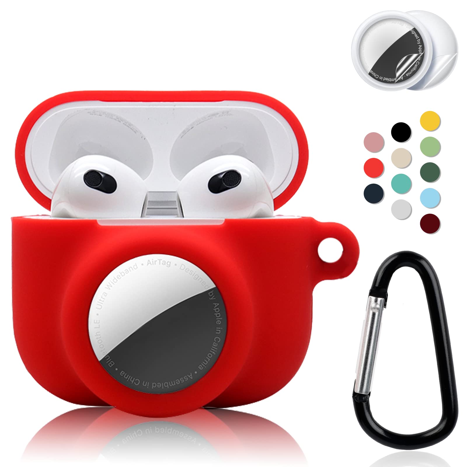 Photo 1 of 2 in 1 Protective Case Combo Set Compatible for Apple AirPods 3(2021) AirTag, GPS Tracker Holder with 2 PCS TPU Screen Protector&Keychain, Soft Silicone Anti-Lost Anti-Scratch Skin Cover(Red)
