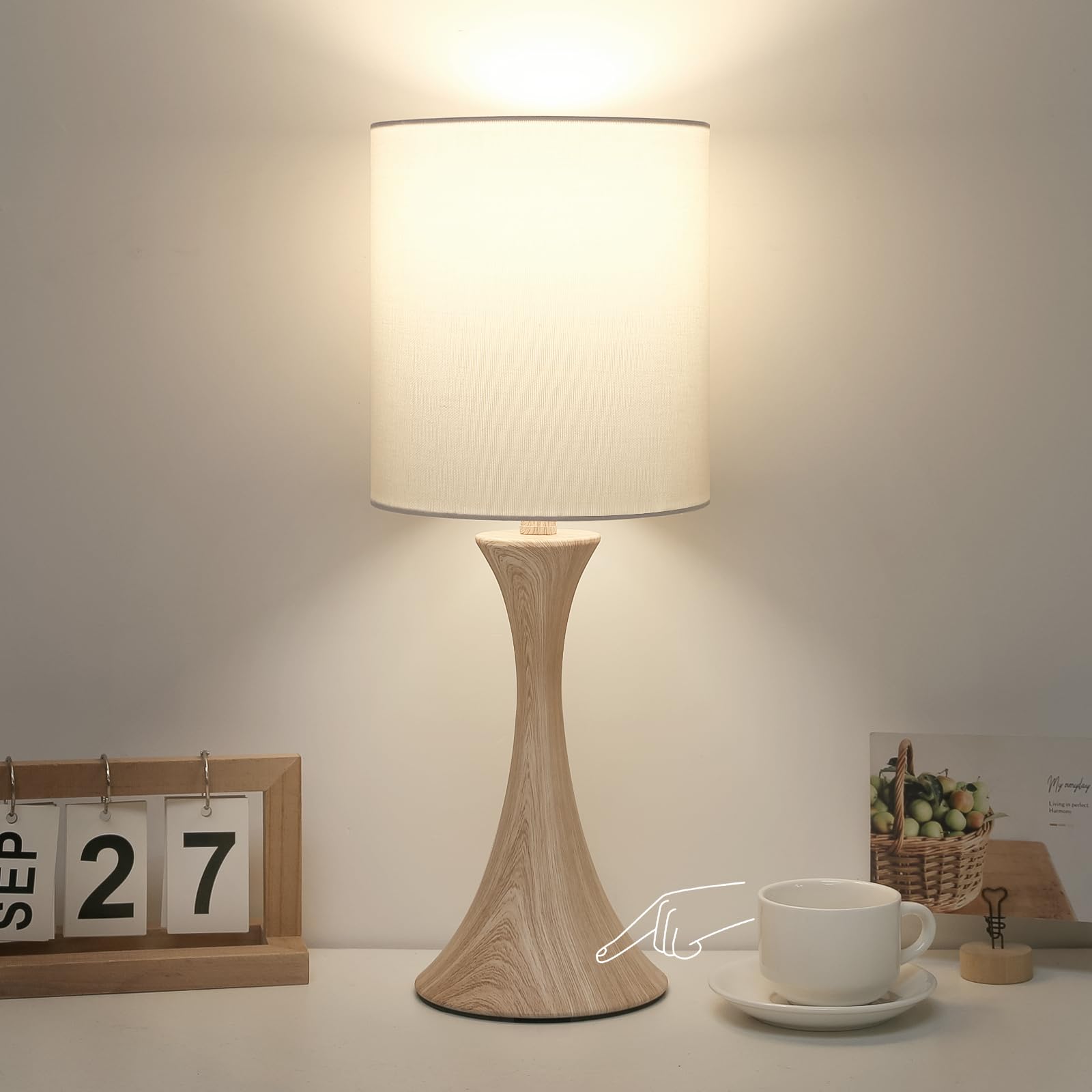 Photo 1 of Bedside Touch Lamp, 3 Way Dimmable Touch Control Table Lamp, Wood Grain Farmhouse Table Lamp, Modern Nightstand Lamp with White Shade for Bedroom, Dorm, Office, 3000K LED Bulb Included