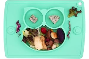 LINOWOS Silicone Divided Toddler Plates - Portable Non Slip Suction Plates Placemat for Children Babies and Kids BPA Free Baby Dinner Plate Bowl (Owl-Cyan)