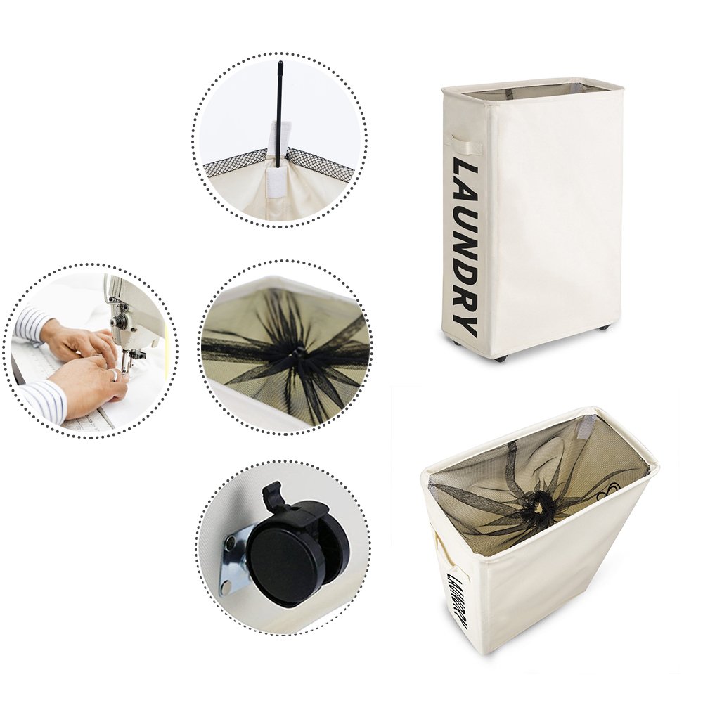 XIFIRY Slim Rolling Laundry Hamper Collapsible Thin dirty Laundry Basket Foldable Dirty Clothes Sorter and Organizer with wheels (Beige)