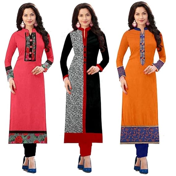 Women's Cotton Semi-Stitched Straight Kurtis (1002.1017.1000003, Multicolour, Free Size) - Pack of 3