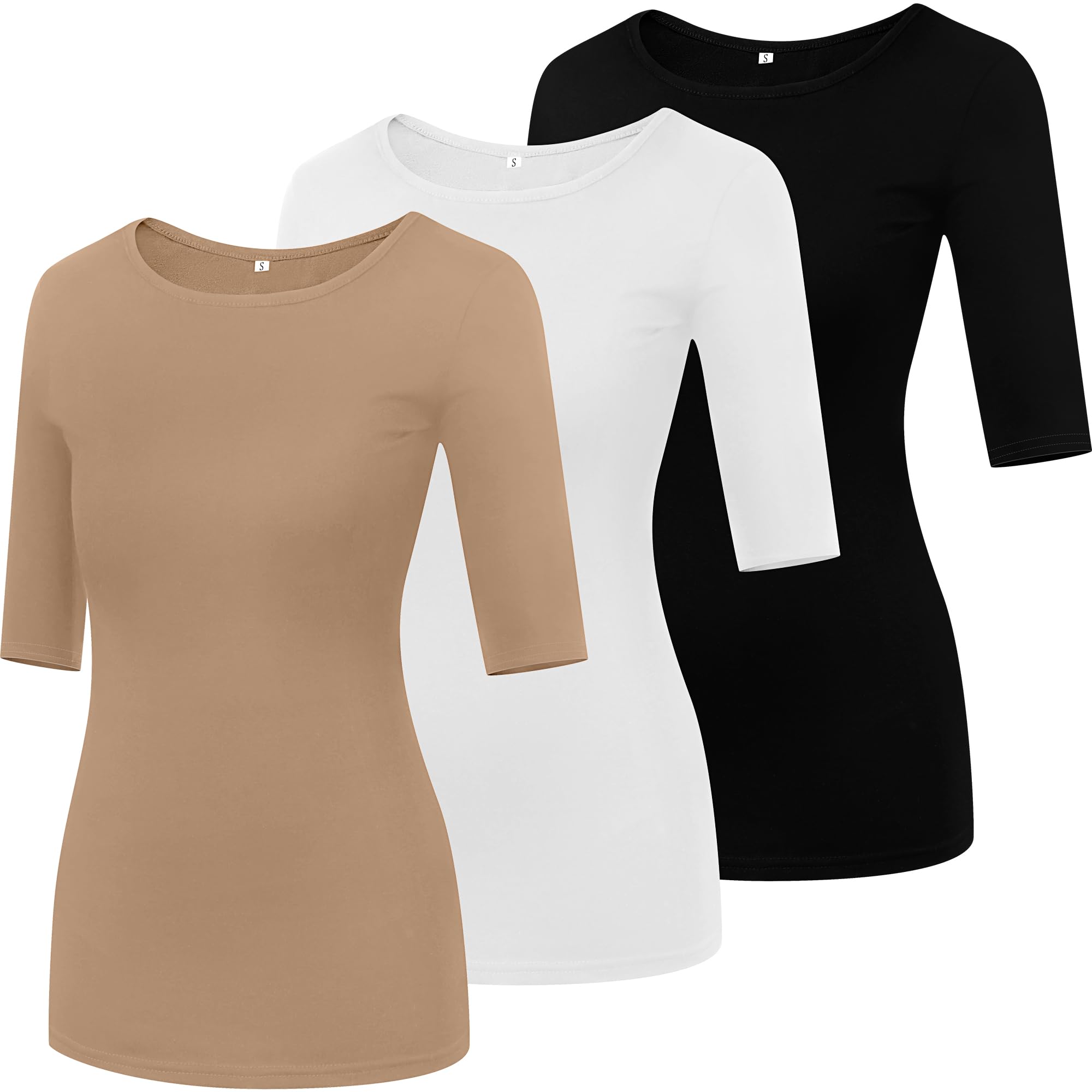 Photo 1 of Huukeay 3 Pack Women's Half Sleeve T Shirt 1/2 Sleeve T Shirt Tops Womens Basic Round Neck Slim Fit T Shirt Stretchy Tees (Black,White,Khaki)