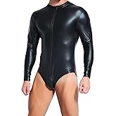 YOOBNG Mens Faux Leather Shapewear Slim Black Bodysuit Wrestling Singlet Clubwear Leotard
