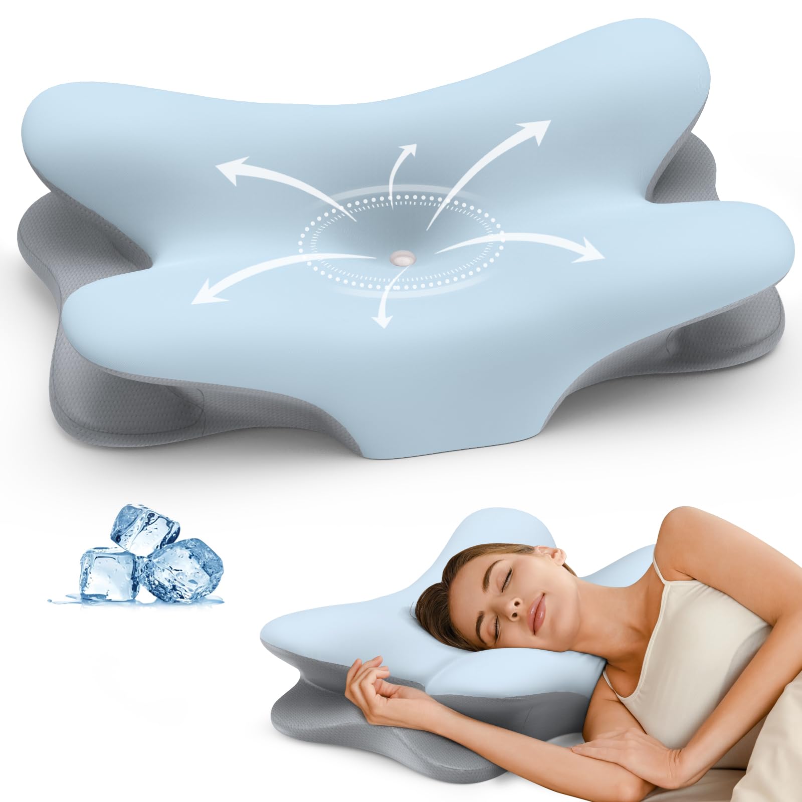 Photo 1 of ***COLOR GREY AND WHITE***Cervical Neck Pillow for Pain Relief - Ergonomic Side Sleeper Pillow for Neck Support, Cooling Memory Foam Pillows for Sleeping, Contour Pillow Orthopedic Bed Pillow for Back Stomach Sleepers