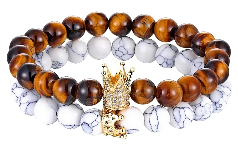 King & Queen Gold-Plated Crown Couple Distance Bracelets, His and Hers with Tiger Eye and White Stone Beads - Valentines Day, Anniversary, Birthday gifts